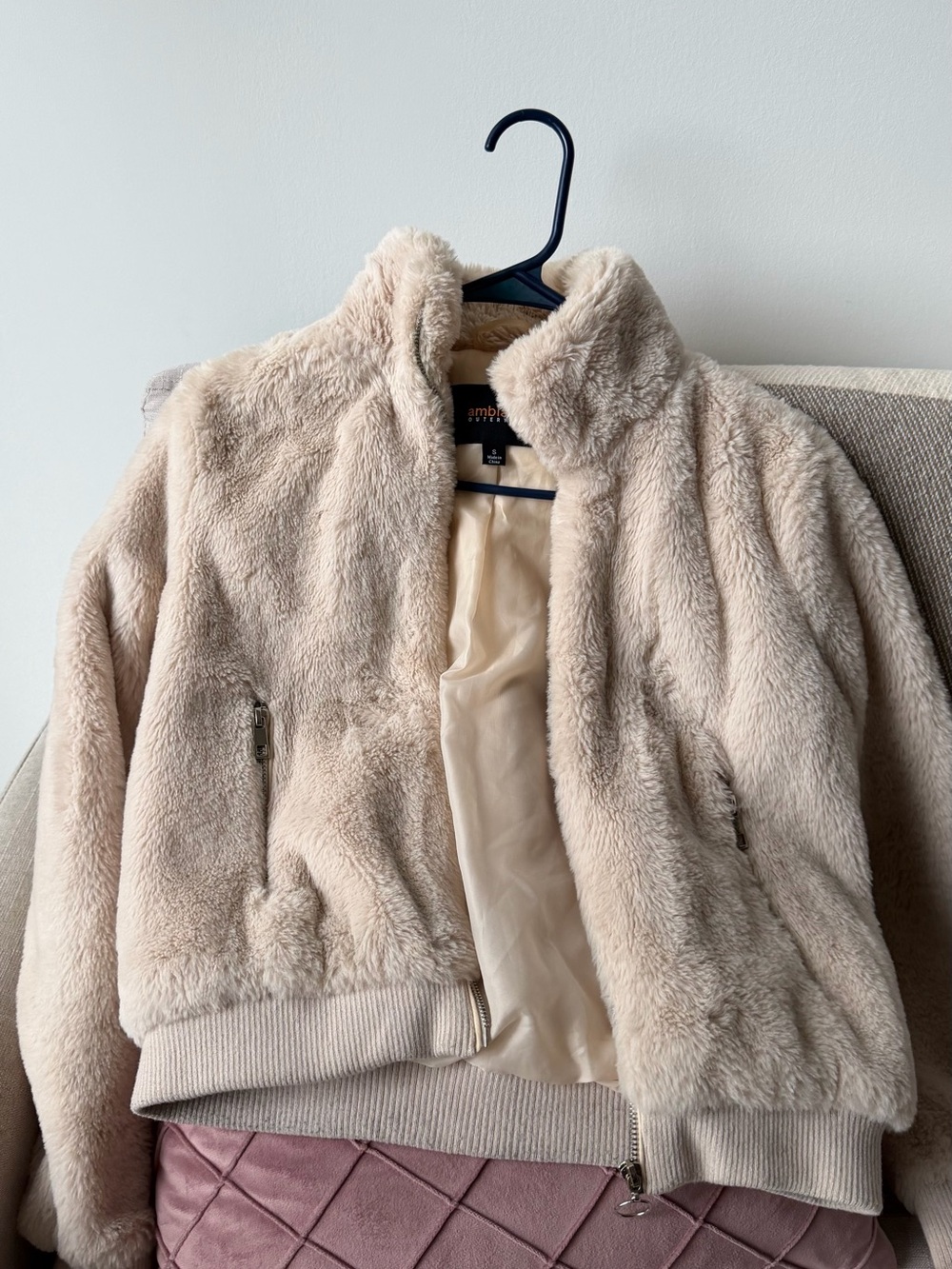 Ambiance Plush Faux-Fur Bomber Jacket in Cream